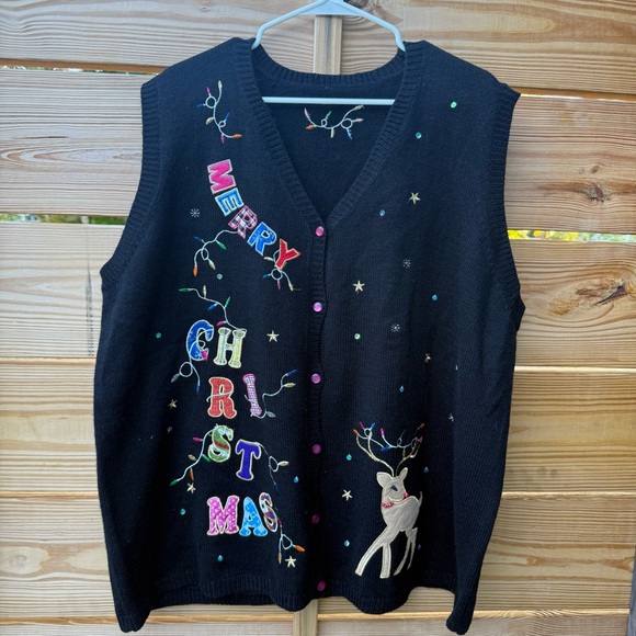 Jackets & Blazers - Christmas Sweater Vest XXL Black Colorful Bright Embroidered Merry Christmas